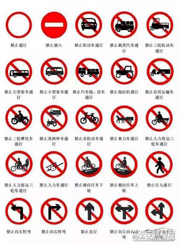 禁令标志 共43种,设置在需要禁止或限制车辆,行人交通行为的路段或